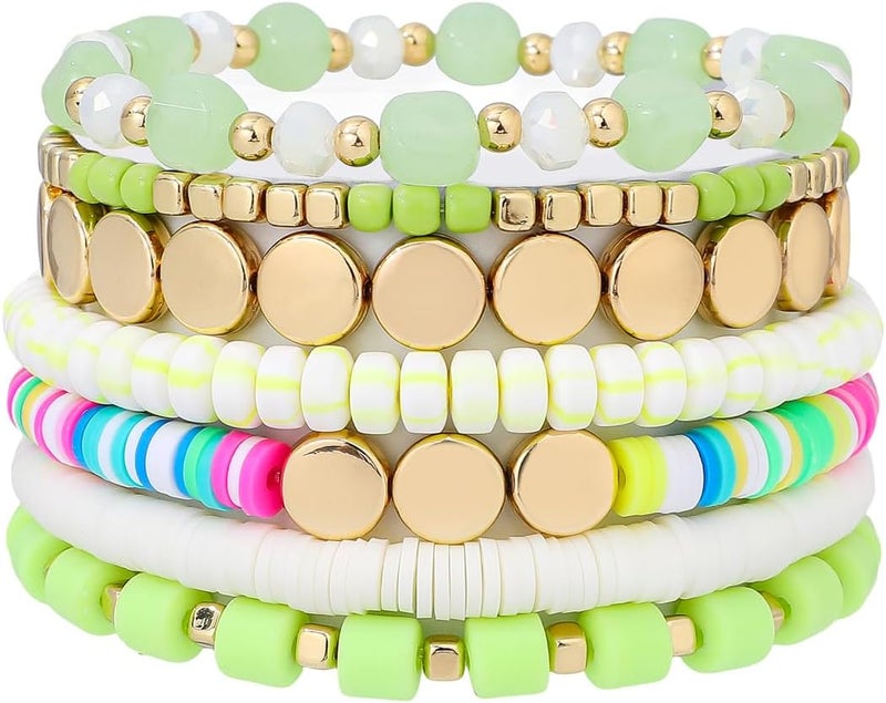 GOOJIDS Surfer Heishi Clay Bead Bracelets for Women Bohemian Stackable Gold Plated Beaded Stretch Bracelets Elastic Layering Friendship Bracelets Set Boho Jewelry - Image 1